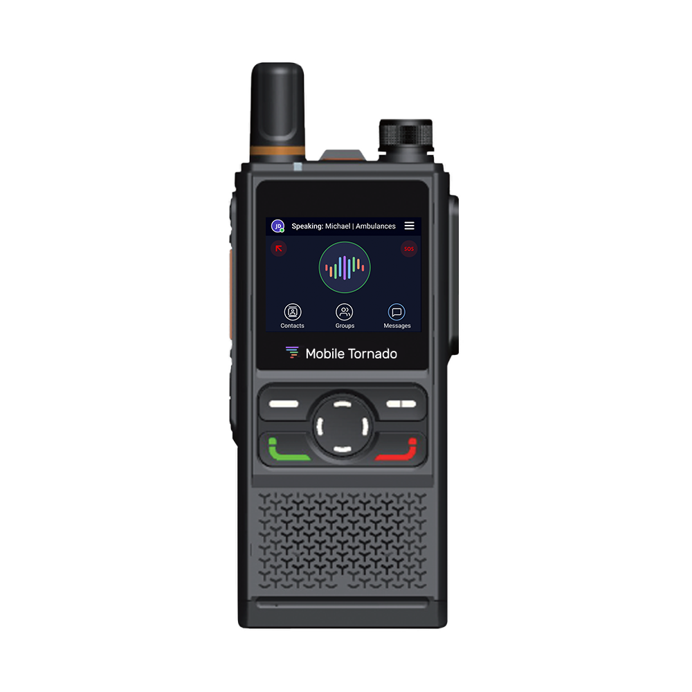Mobile Tornado MT120 rugged PTT handheld with touch display showing an active PTX call with waveform indicator