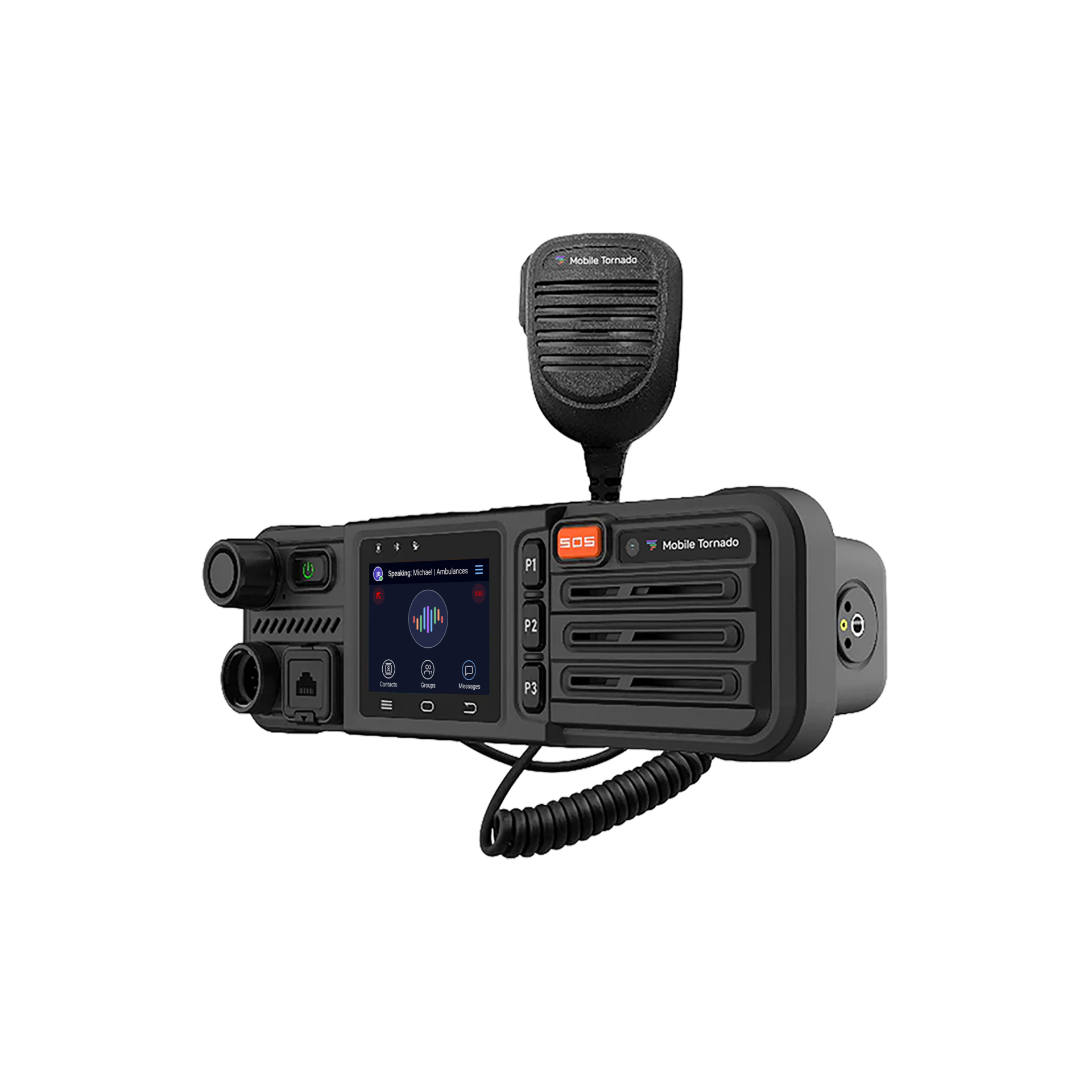 Mobile Tornado MT130 vehicle-mounted PTT terminal with SOS button, programmable keys and handheld speaker microphone